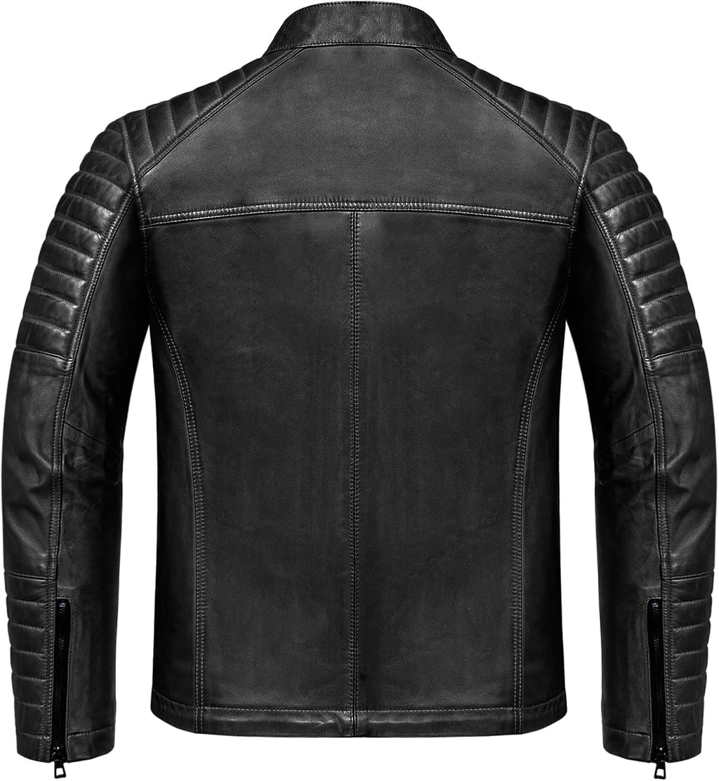 Men's Short Genuine Leather Biker Jacket with Quilted Sleeve Panels