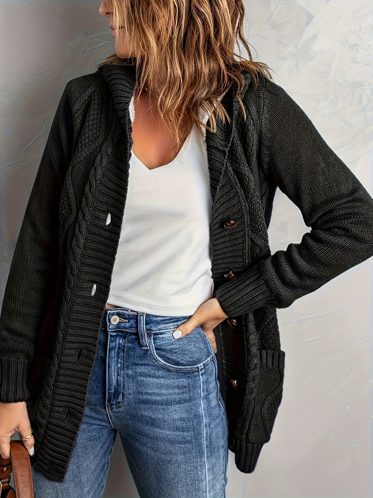 Women's Fleece-Lined Button-Up Hooded Knit Cardigan