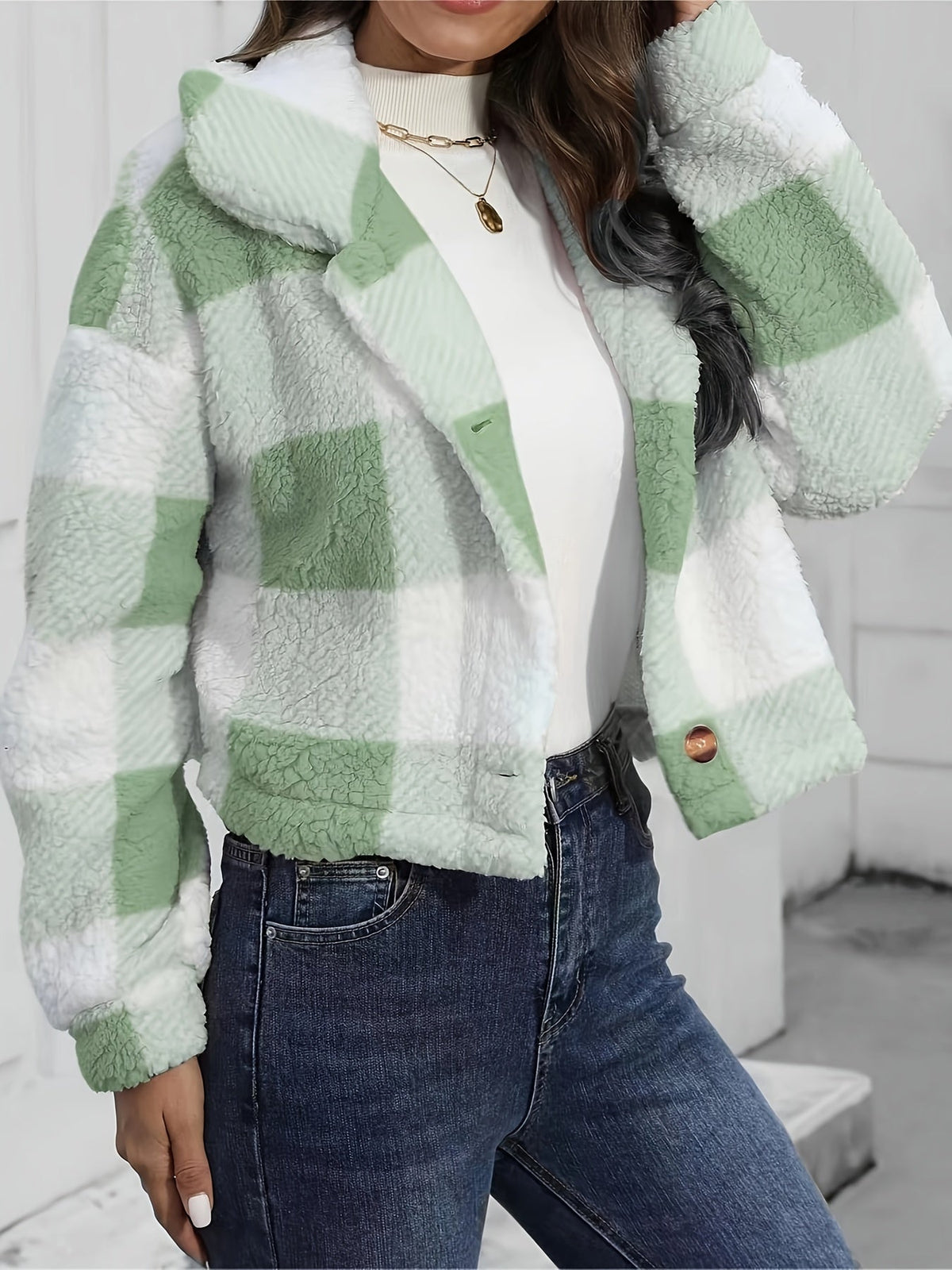 Women's Cropped Plaid Jacket with Relaxed Collar