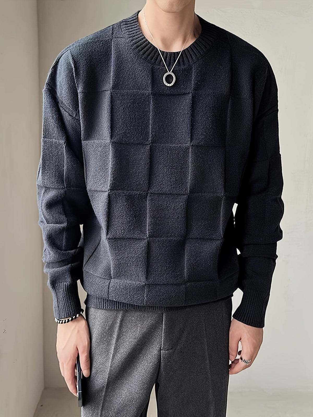 Women's Raised Grid Texture Crewneck Knit Sweater