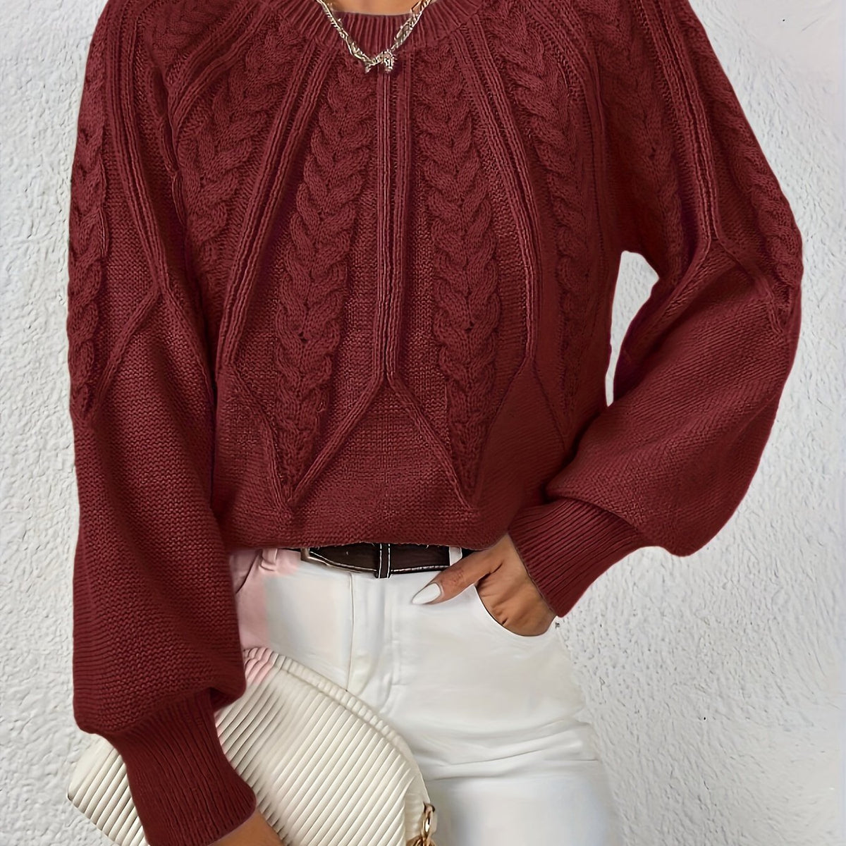 Women's Voluminous Sleeve Sweater with Cable Knit Texture