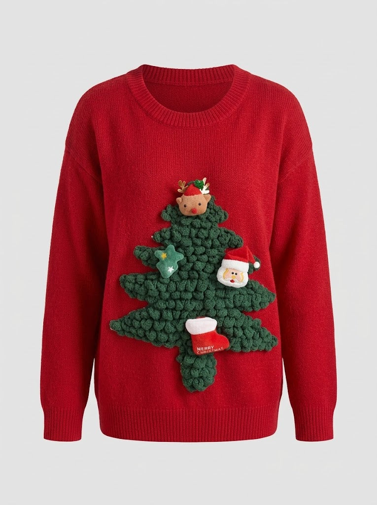 Women's Raised Tree Ornament Christmas Knit Pullover - Red