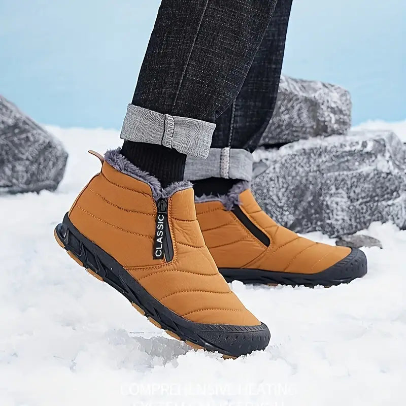 Men's Horizontal Quilted Zip Winter Boots with Plush Lining