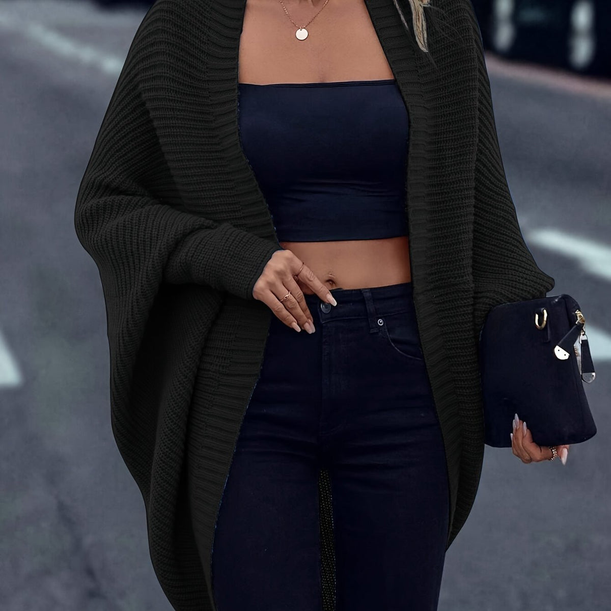 Women's Relaxed Longline Knit Cardigan for Holiday Layering - Black