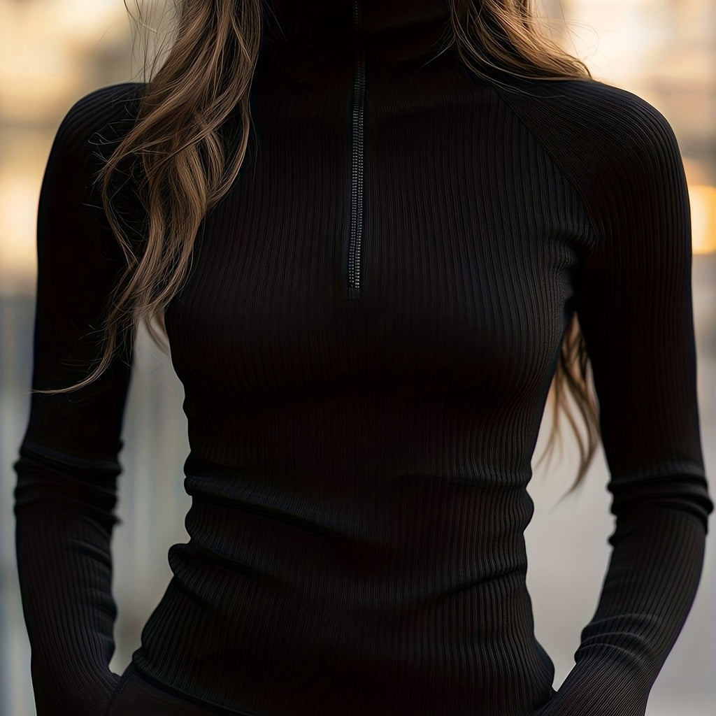 Women's Stretch Rib Knit Zip Collar Long Sleeve Top - Black