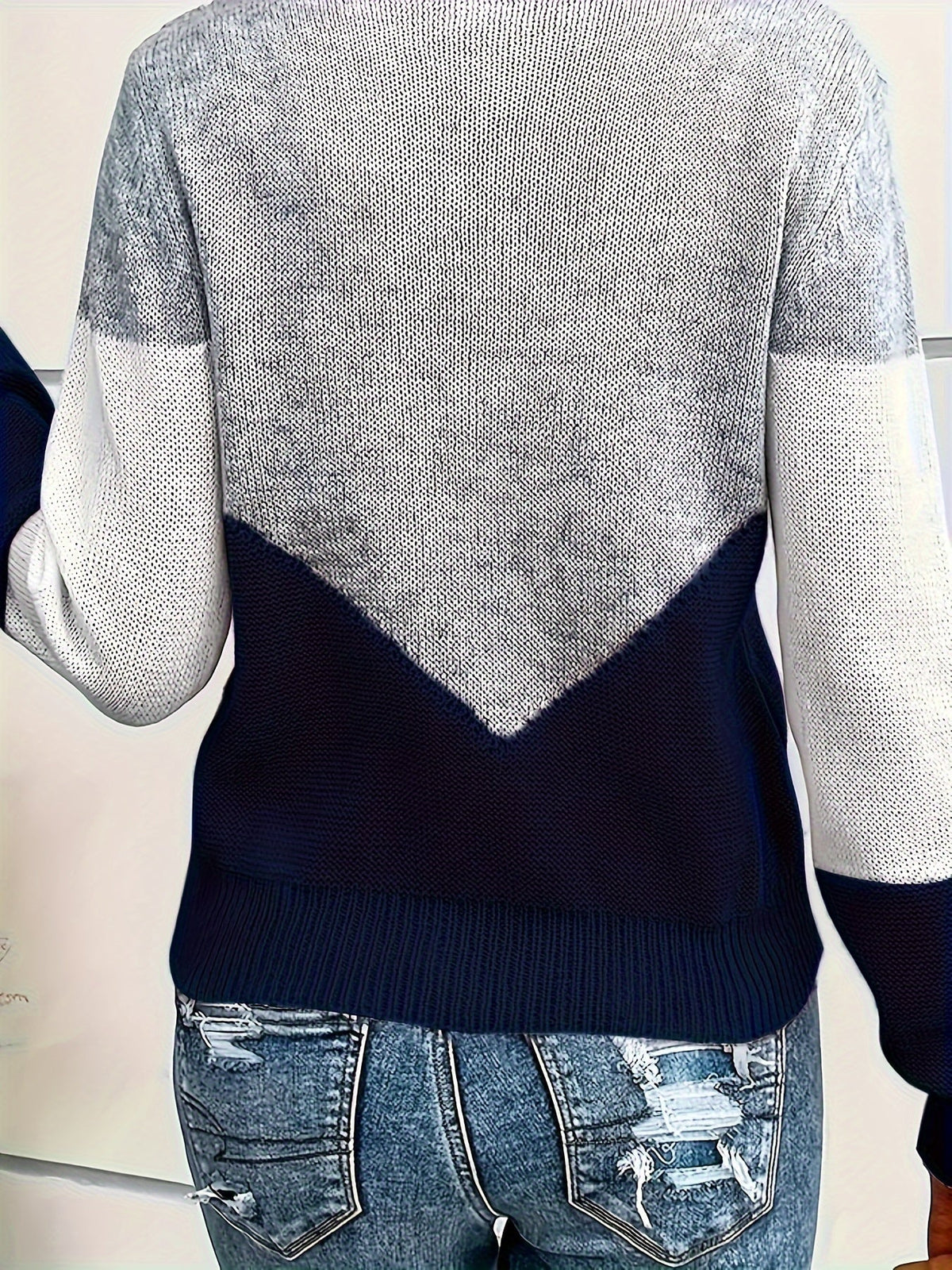 Women's Two-Tone Knit Pullover with Flattering V-Neckline