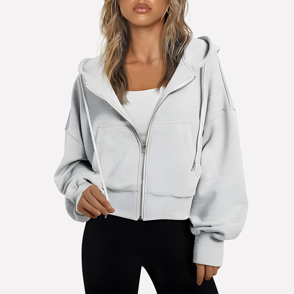 Women's Zip Hoodie Relaxed Fit Cropped Drawstring Jacket
