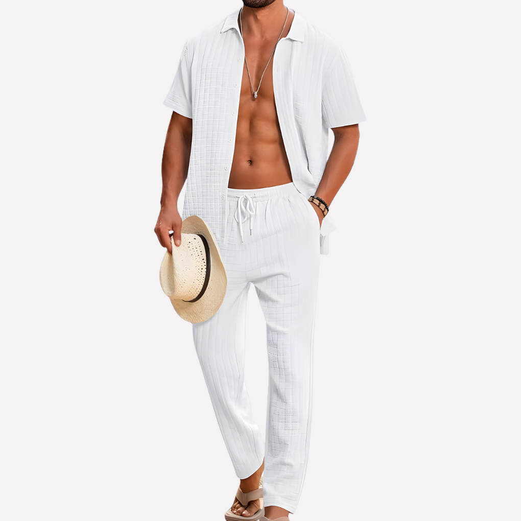 Men's Summer Co Ord Set Textured Shirt Relaxed Trousers
