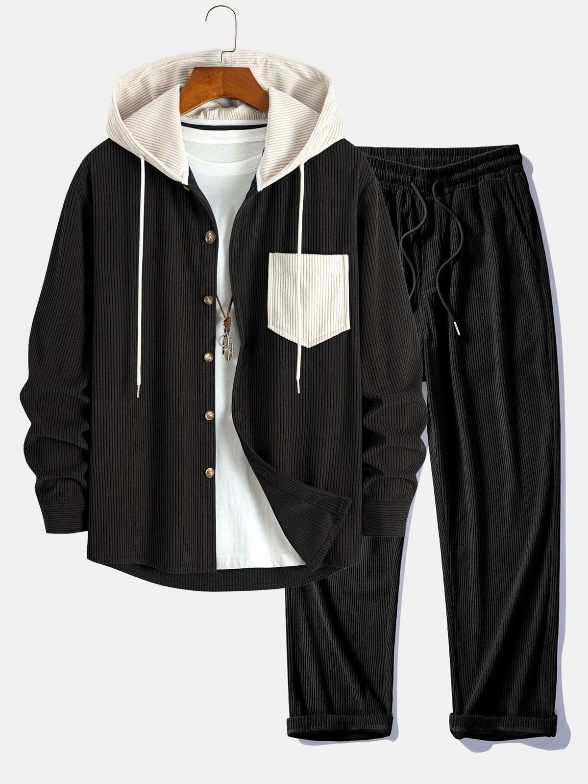 Men's Relaxed Corduroy Two-Piece Hooded Weekend Set - Black