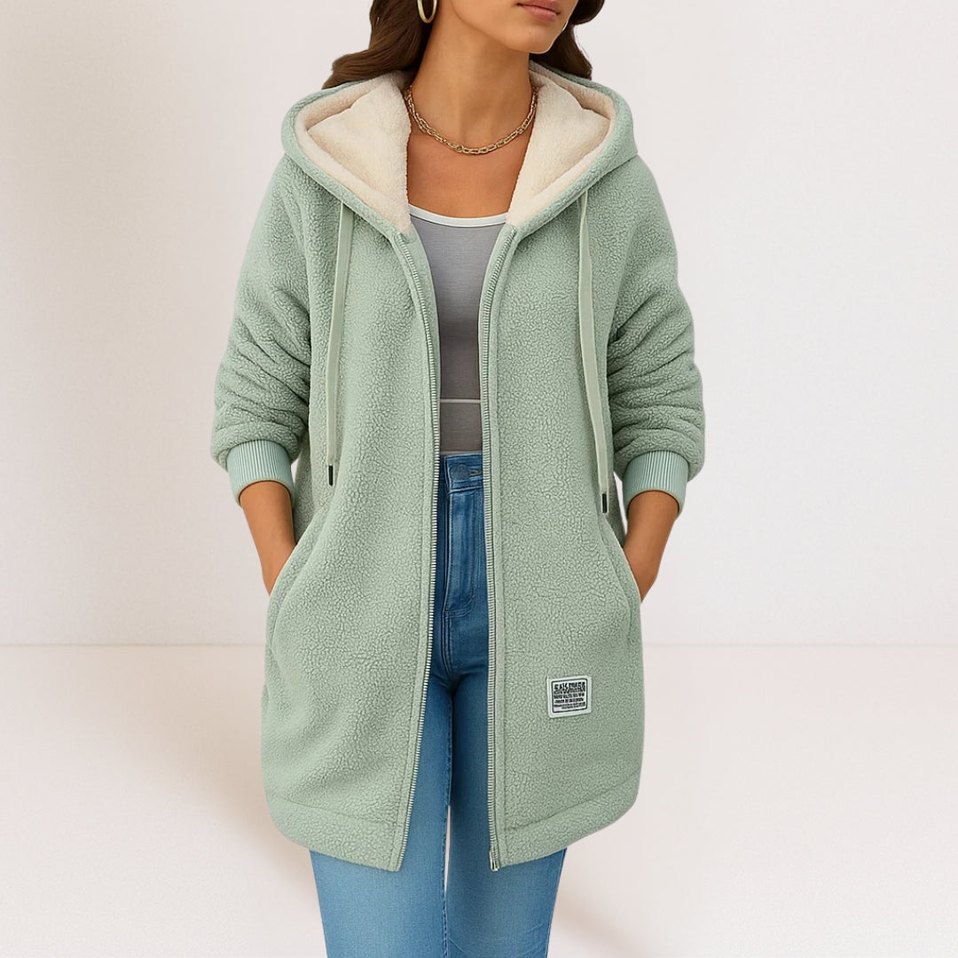 Women's Plush Longer-Line Zip Coat with Soft-Lined Hood - Green