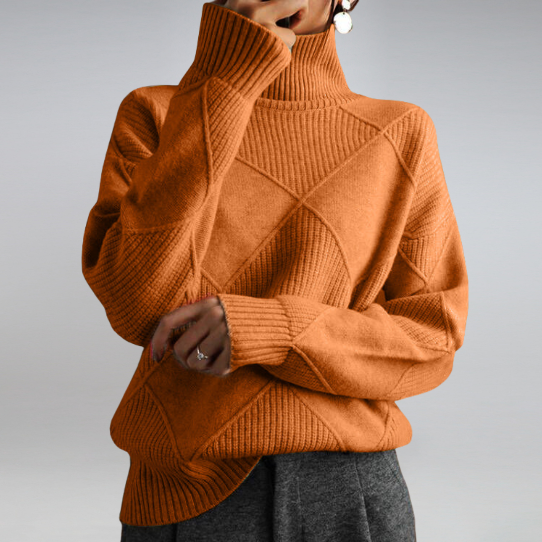Women's Diamond Knit Turtleneck Pullover in Warm Wool Blend - Orange
