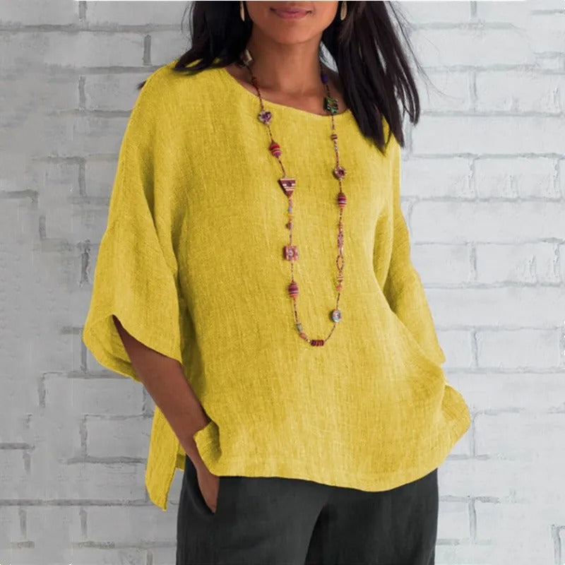 Women's Relaxed-Fit V-Neck 3/4 Sleeve Linen Tunic