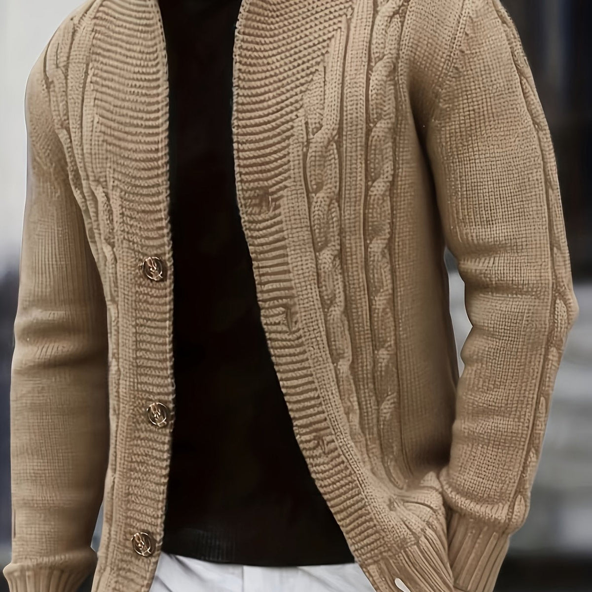 Women's Textured Cable-Knit Cardigan with Button Front - Khaki