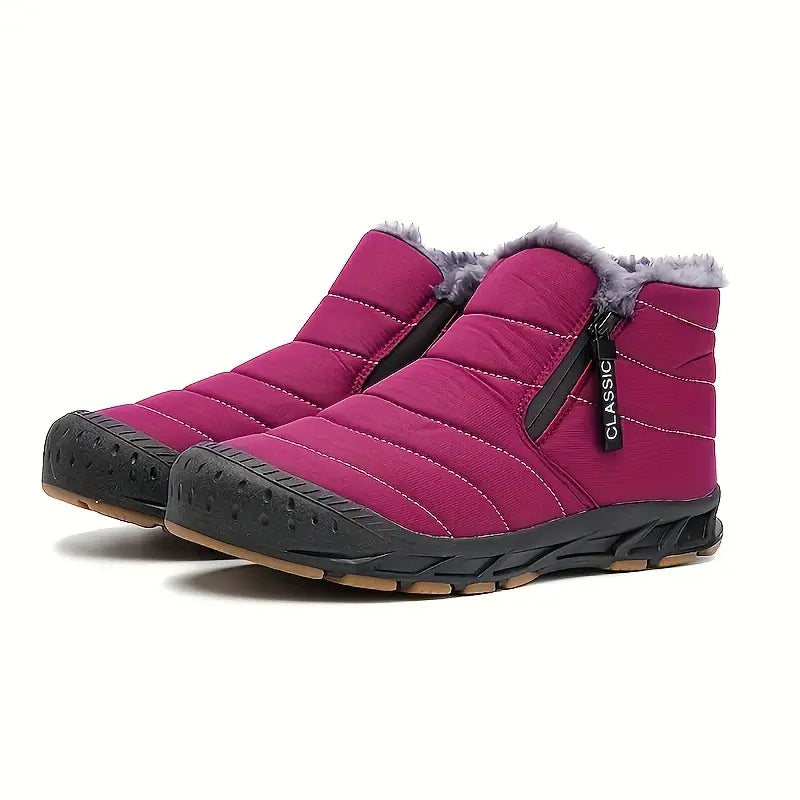 Men's Horizontal Quilted Zip Winter Boots with Plush Lining - Dark Pink