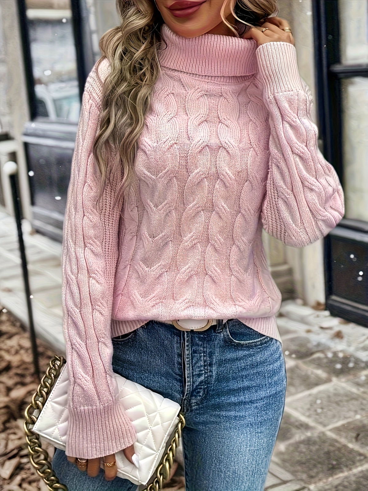 Women's Everyday Turtleneck Pullover with Twisted Cable Knit