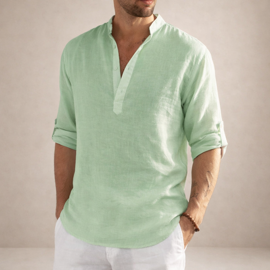Men's Linen Shirt Open Placket Roll Sleeve Resort Fit