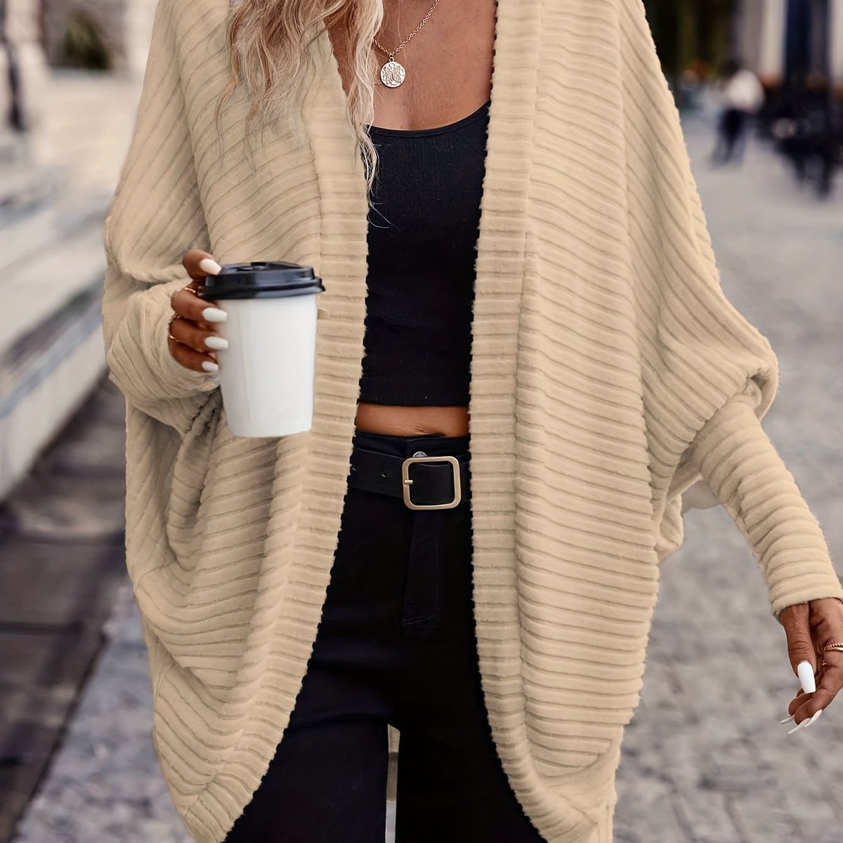 Women's Buttonless Ribbed Drape Cardigan - Apricot