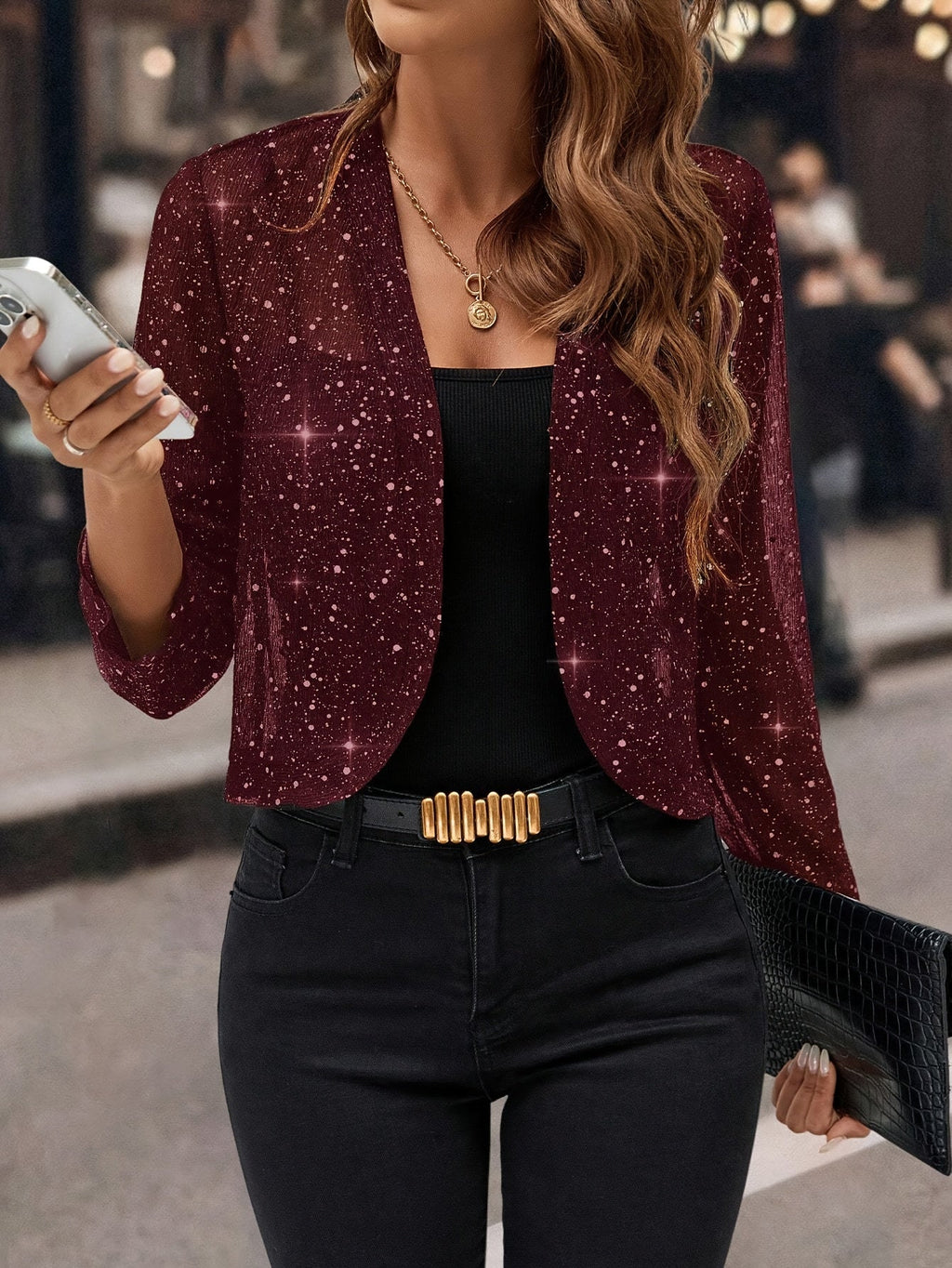 Women's Metallic Knit Open-Front Short Jacket