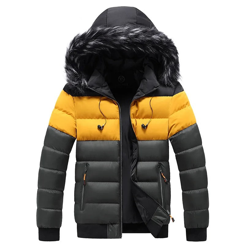 Men's Winter Down Jacket With Fur-Trim Hood and Zip Pockets - Dark Green