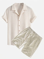 Men's Textured Waffle Resort Set Button Shirt with Linen