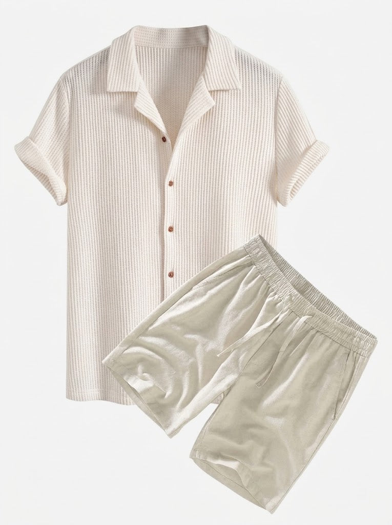 Men's Textured Waffle Resort Set Button Shirt with Linen