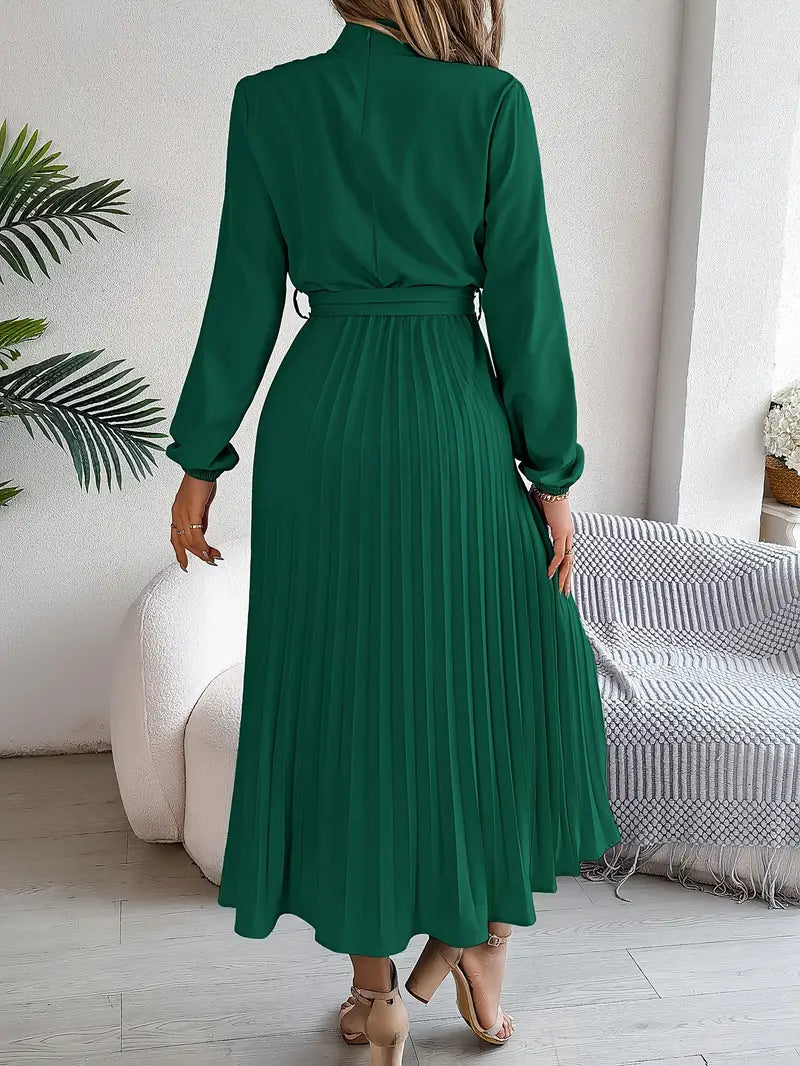 Women's Pleated Midi Dress with High Neck Tie