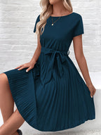 Women's Pleated Midi Dress Tie Waist Short Sleeve