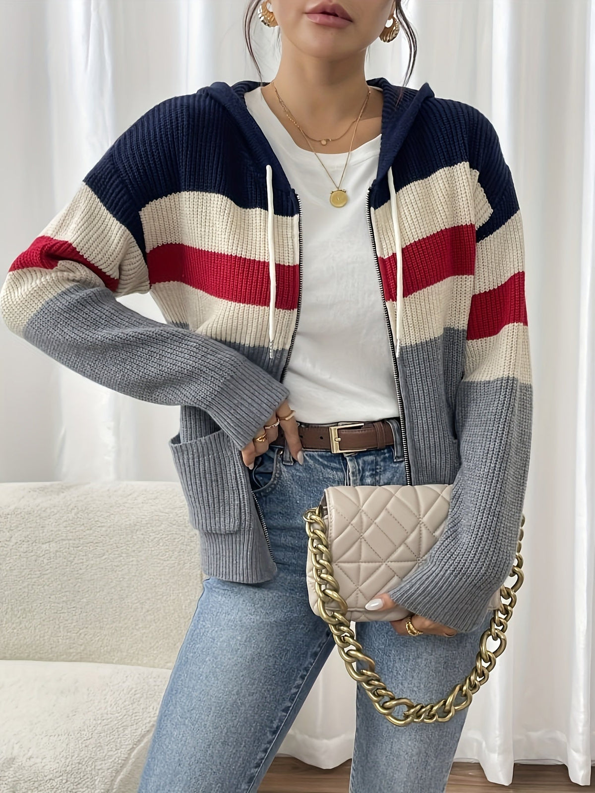 Women's Multicolor Rib Knit Hooded Zip-Up Cardigan