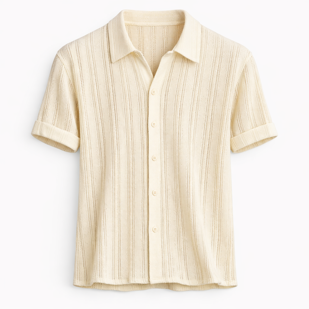 Men's Knit Polo Shirt Textured Vertical Stripe Summer Top
