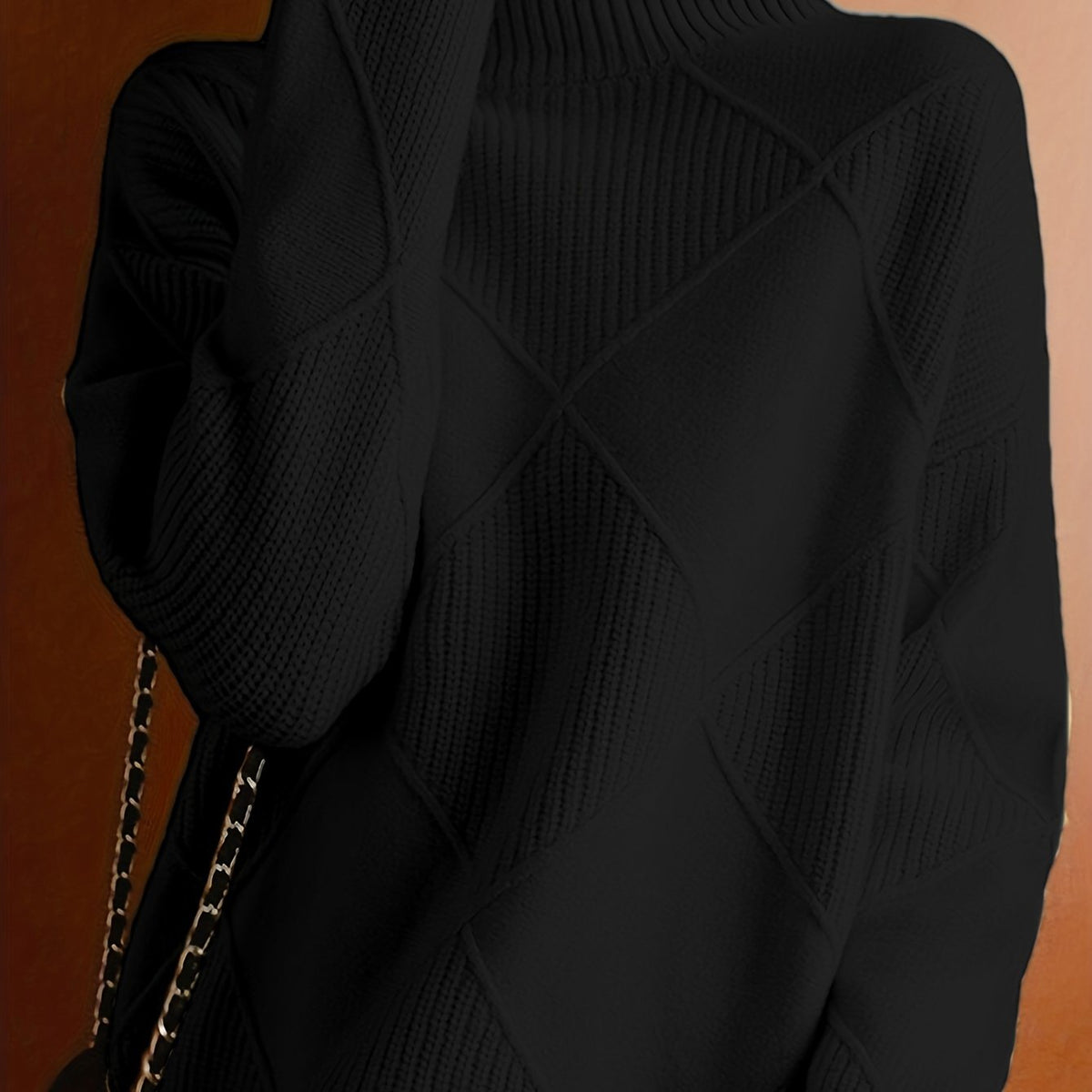 Women's Insulating Knit Turtleneck with Diamond Stitch Detail - Black
