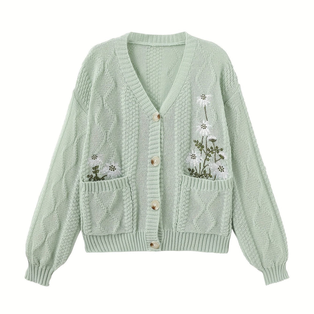 Women's Delicate Floral Stitch Knit Cardigan - Ocean Green