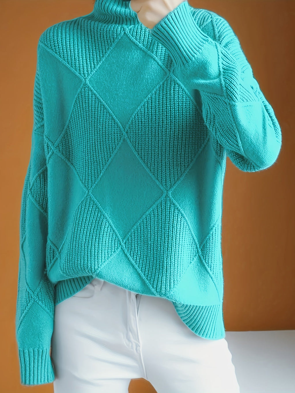 Women's Insulating Knit Turtleneck with Diamond Stitch Detail