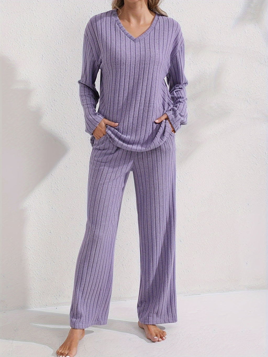 Women's Purple Ribbed Top and Loose Pants Stay-In Set