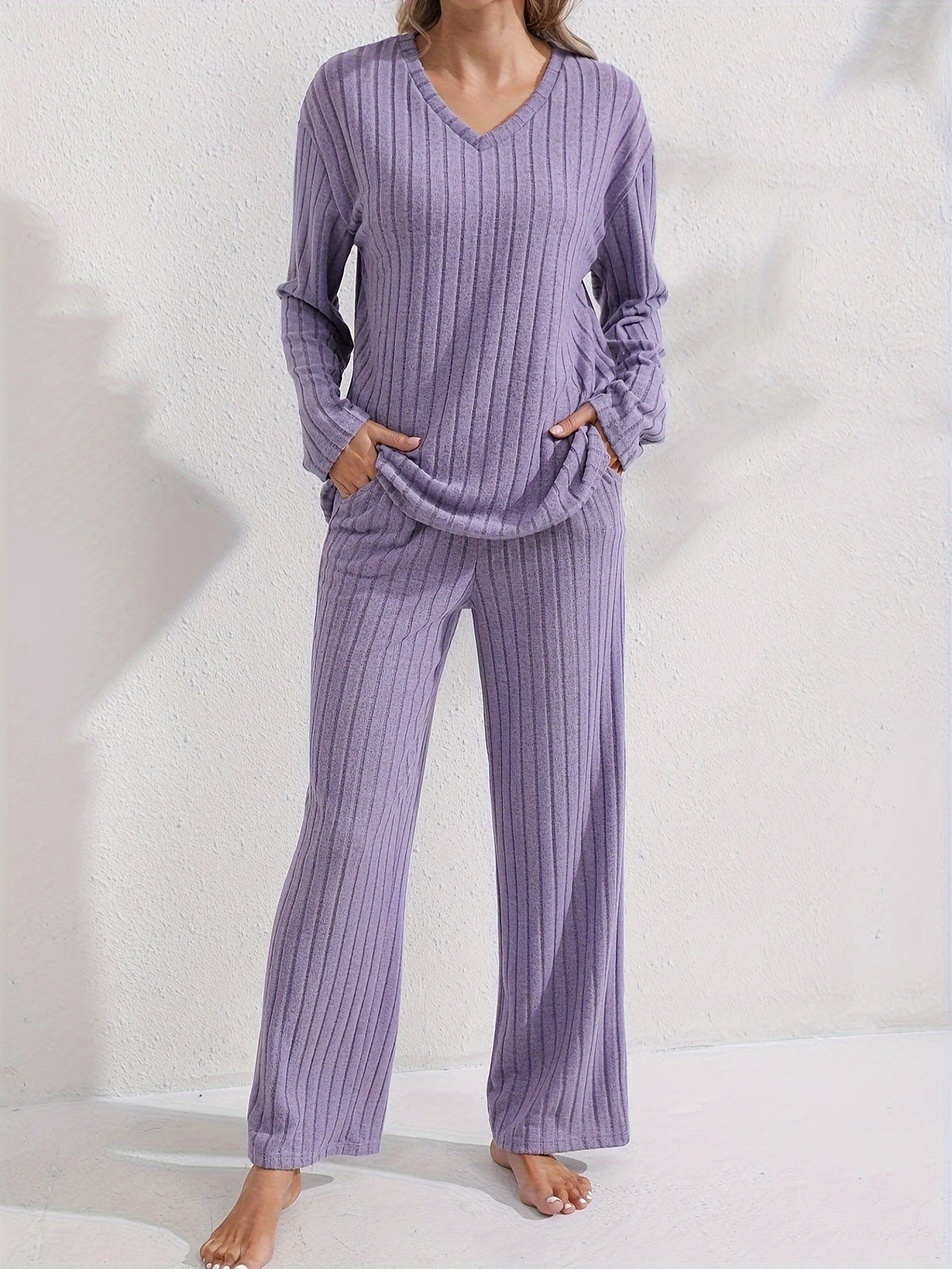 Women's Purple Ribbed Top and Loose Pants Stay-In Set