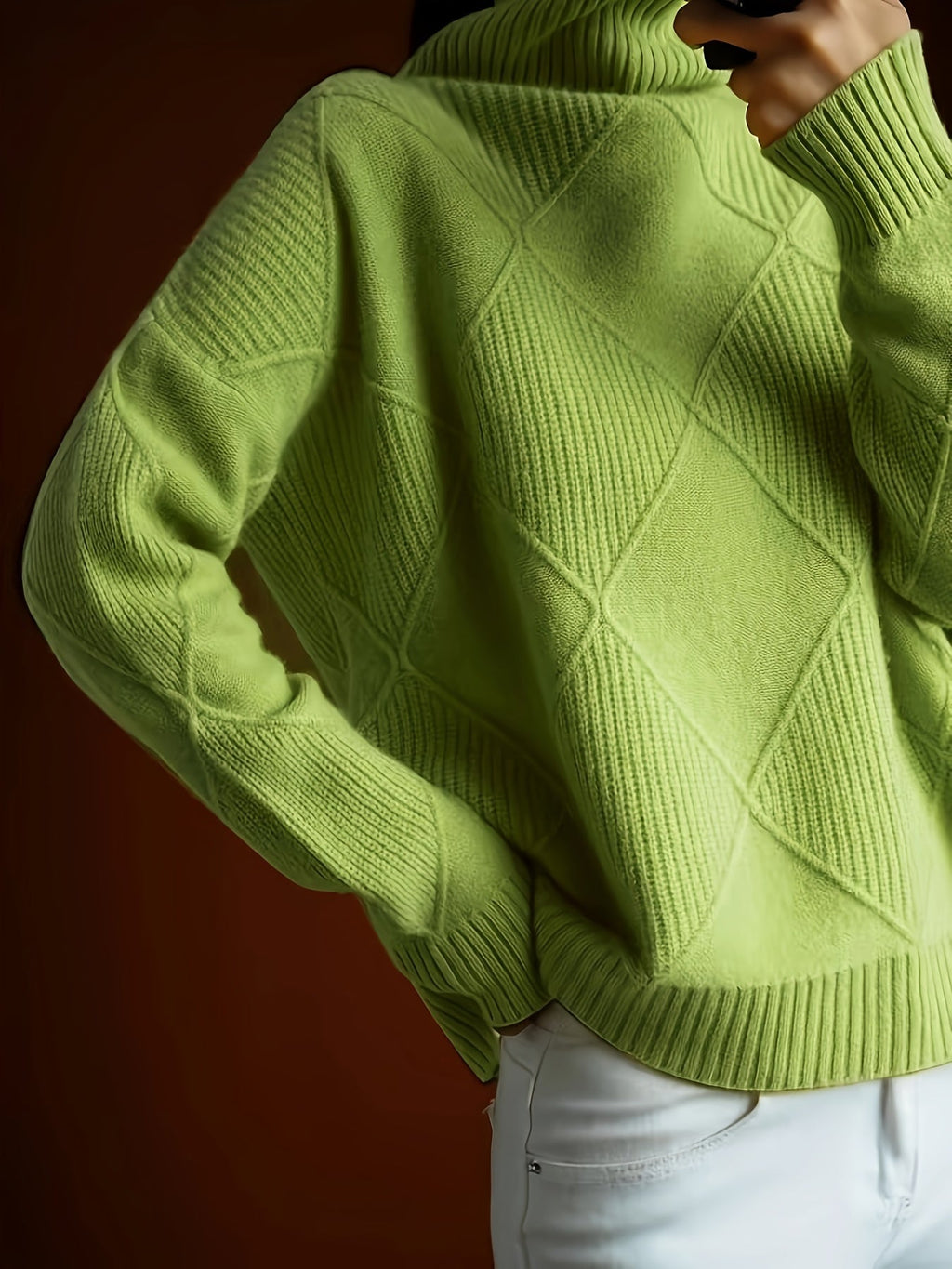 Women's Insulating Knit Turtleneck with Diamond Stitch Detail