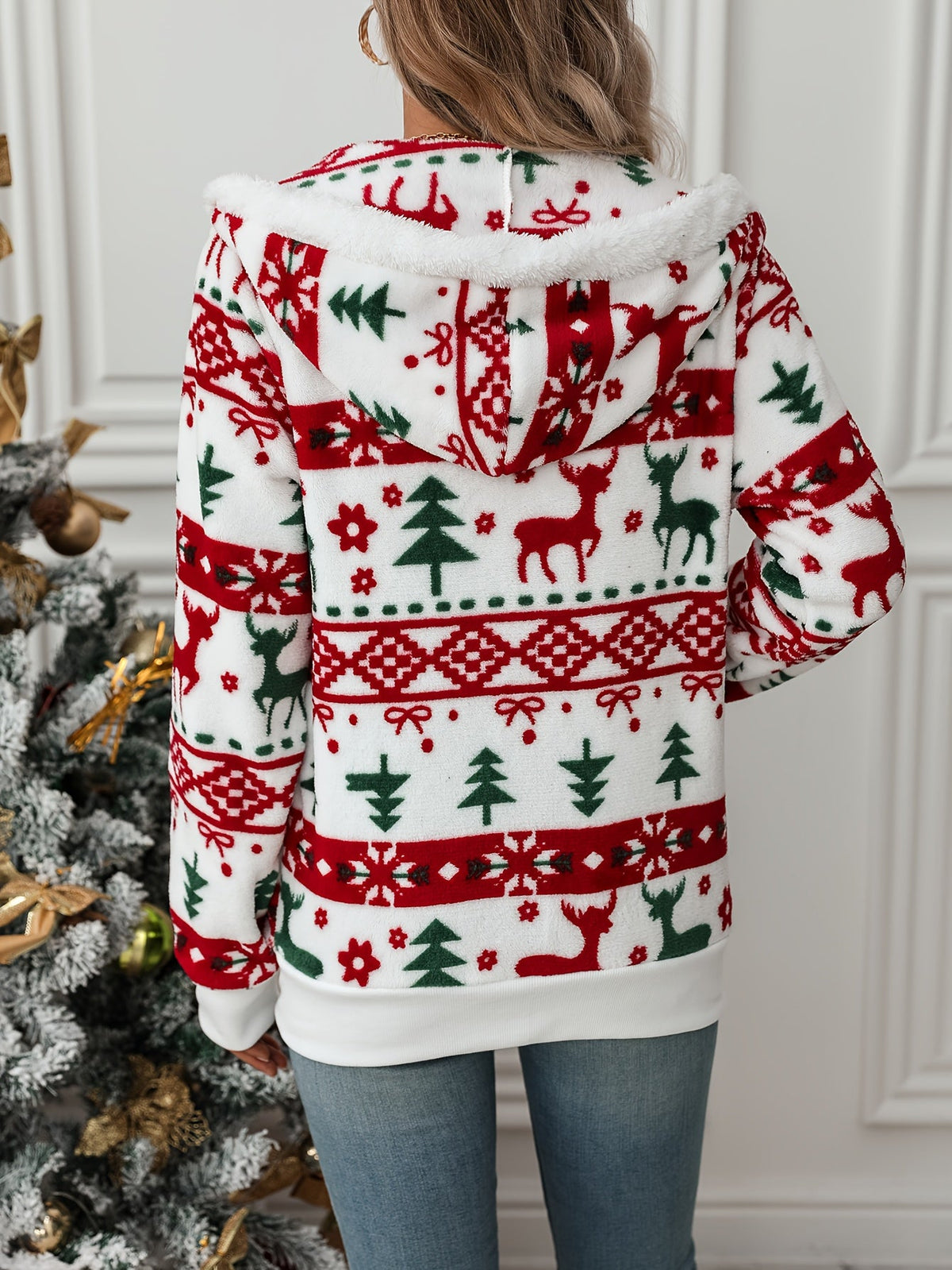 Women's Holiday Pattern Soft Hoodie Cardigan for Cozy Nights