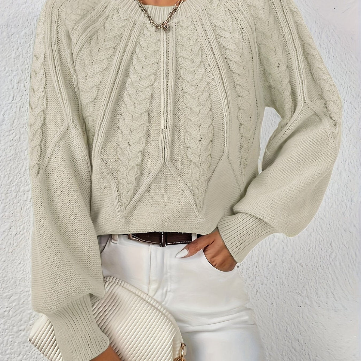 Women's Voluminous Sleeve Sweater with Cable Knit Texture