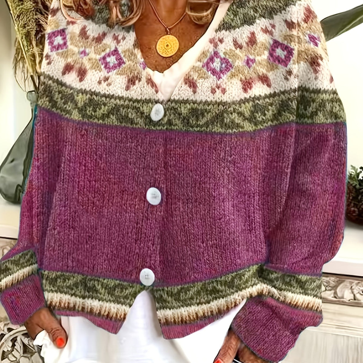 Women's Button-Up Cardigan with Retro Geometric Yoke - Rose Red