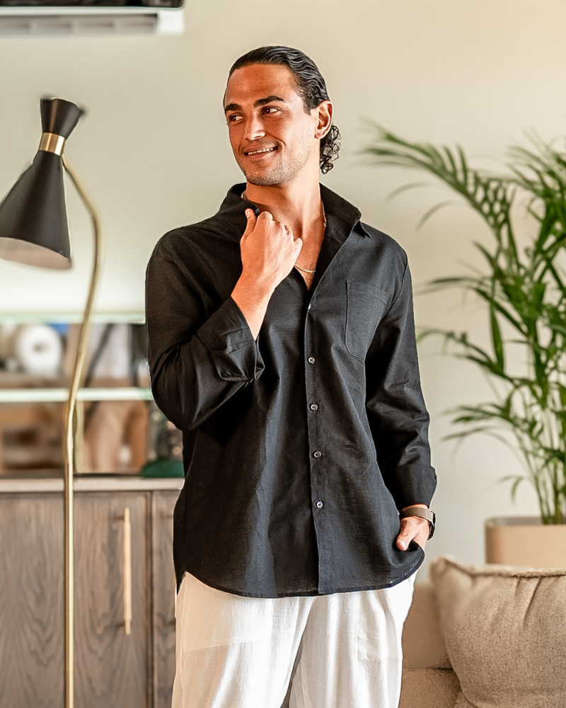 Men's Linen Button Up Shirt Relaxed Long Sleeve Essential