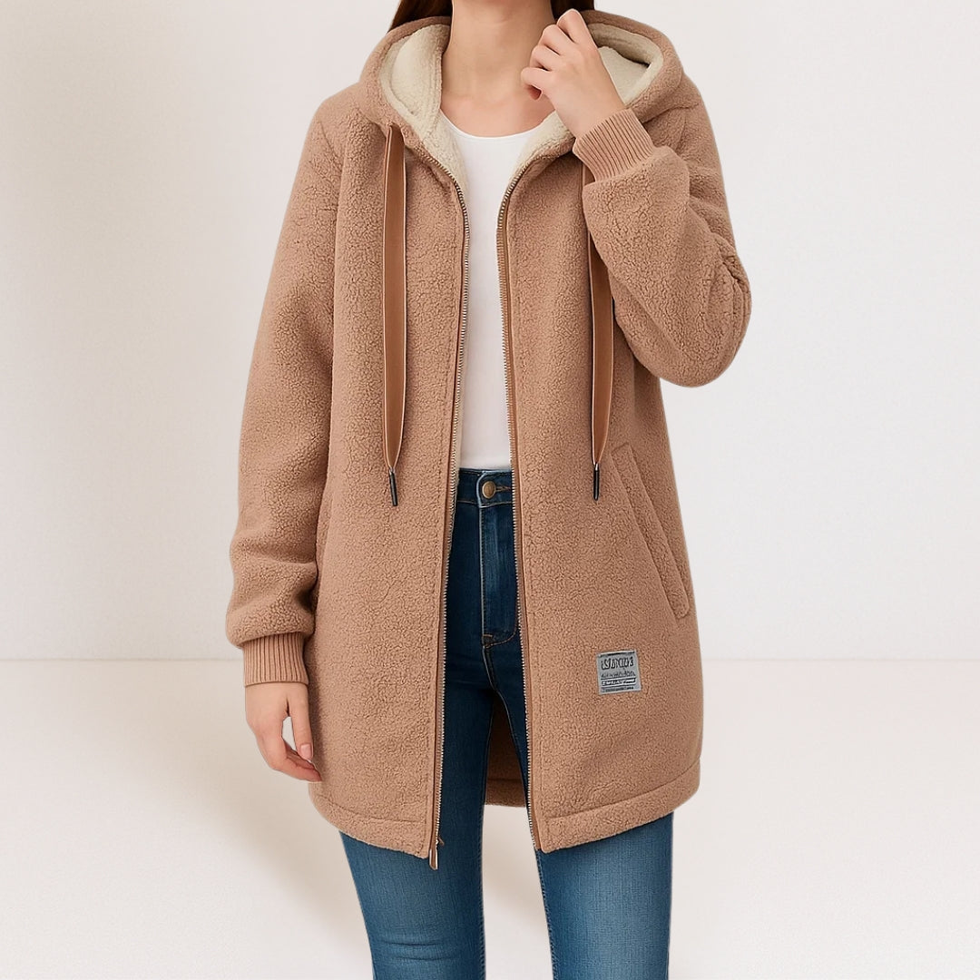 Women's Plush Longer-Line Zip Coat with Soft-Lined Hood - Brown