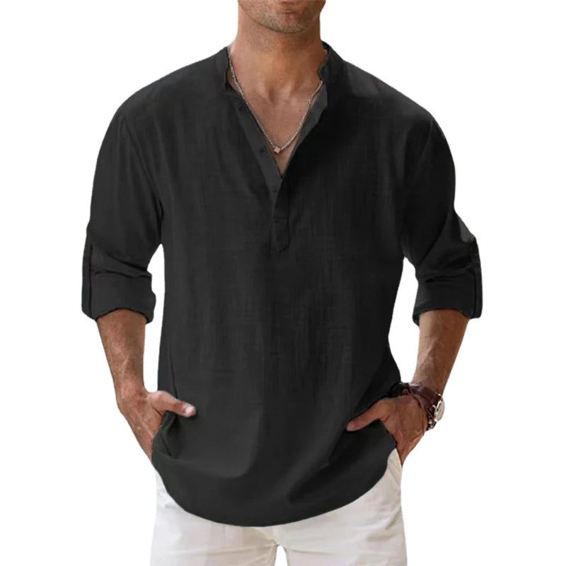 Men's Linen Henley Shirt Relaxed Fit Summer Button Neck