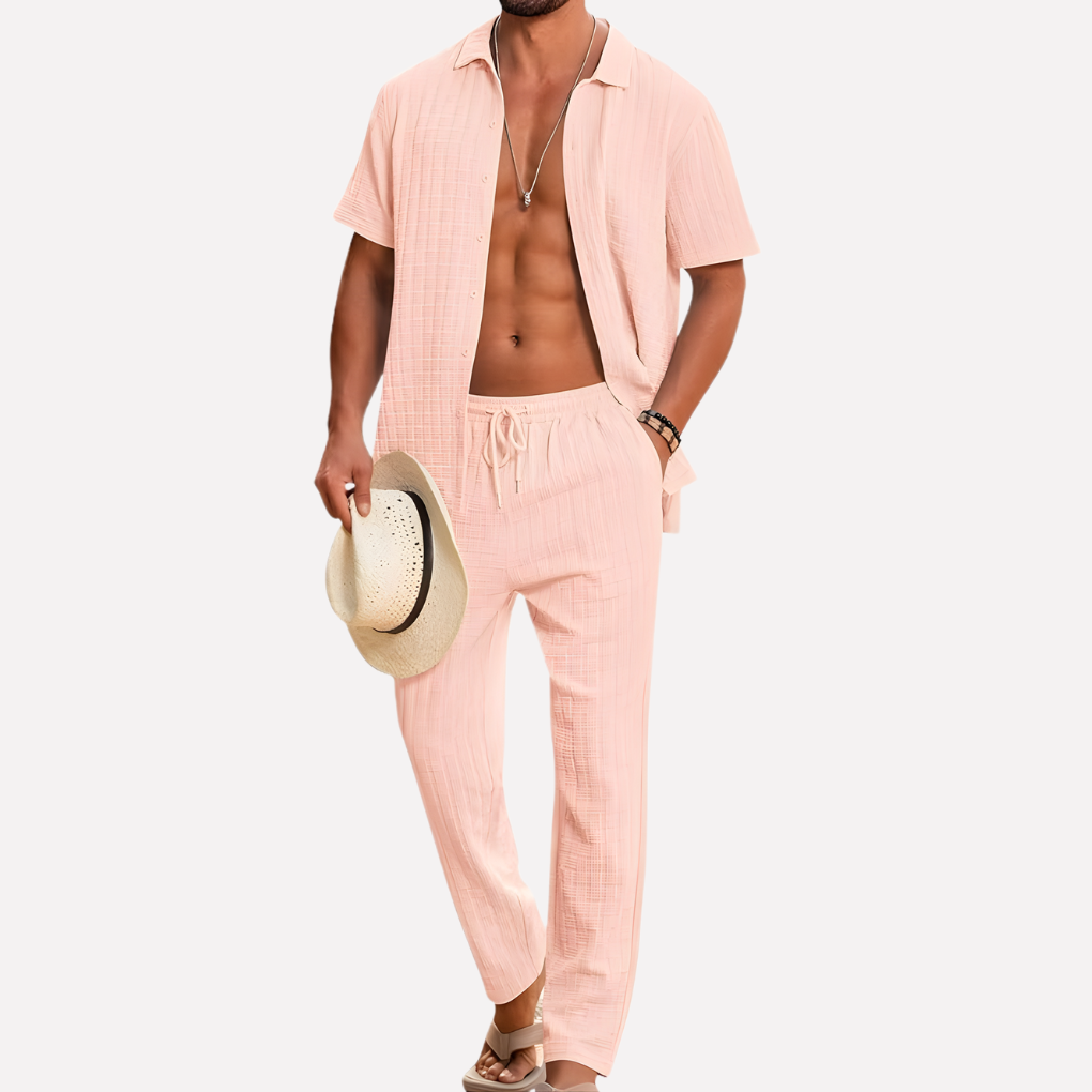 Men's Summer Co Ord Set Textured Shirt Relaxed Trousers