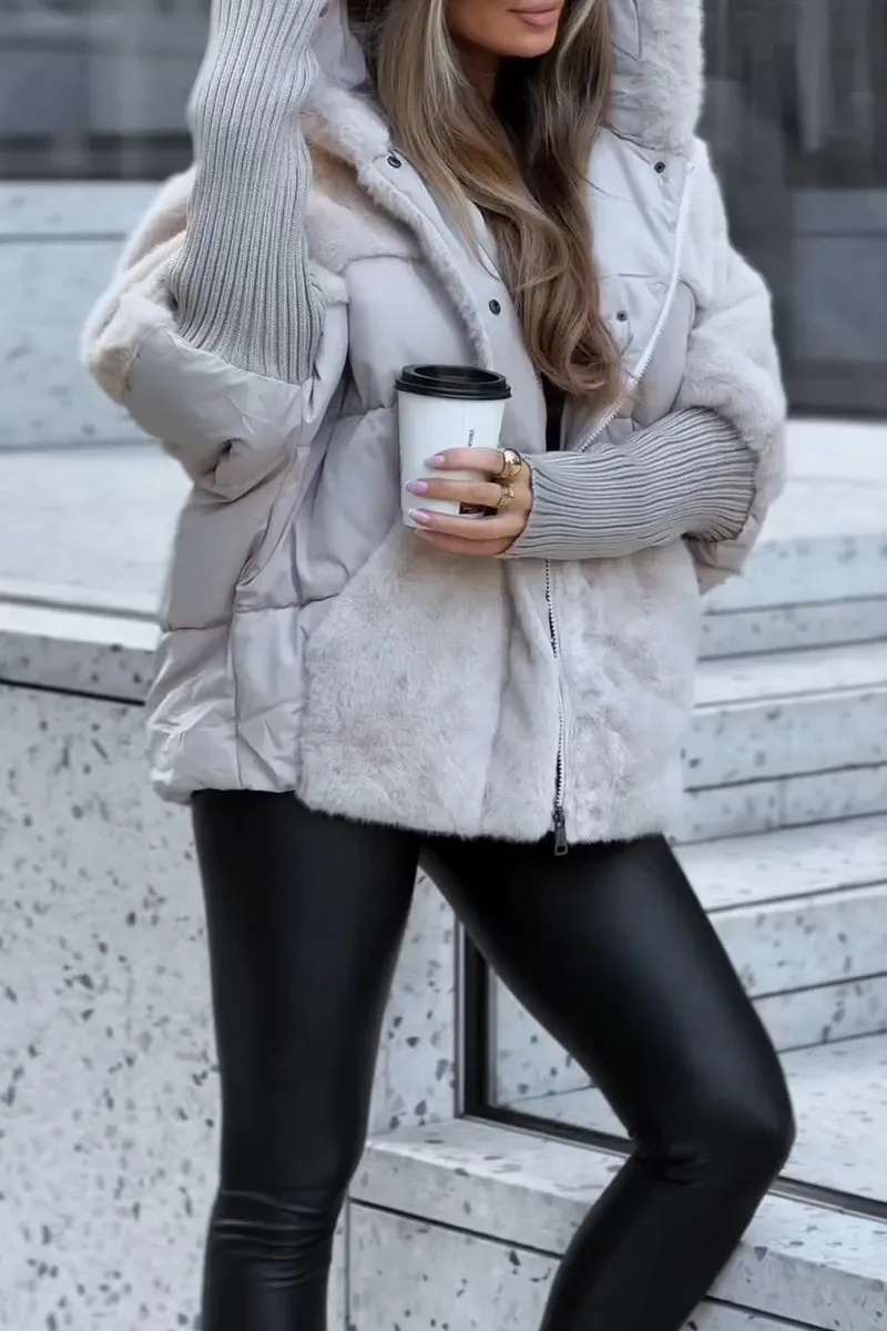 Women's Thermal Padded Puffer with Faux Fur Shoulders and Hood - Gray