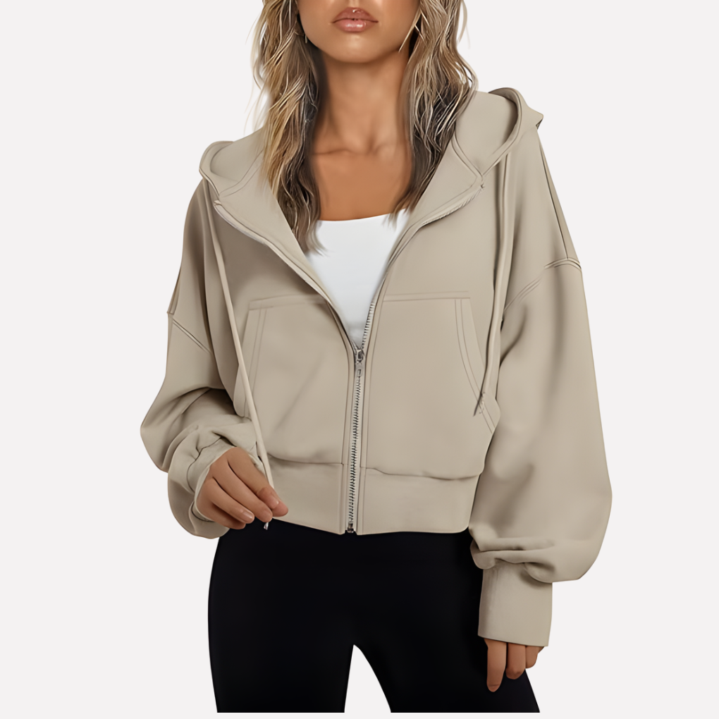 Women's Zip Hoodie Relaxed Fit Cropped Drawstring Jacket