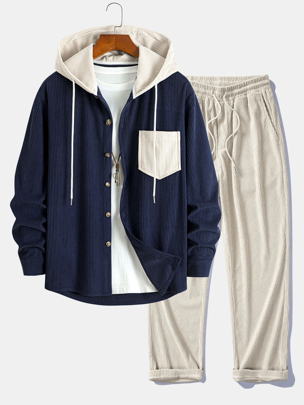 Men's Relaxed Corduroy Two-Piece Hooded Weekend Set - Navy Blue/Beige