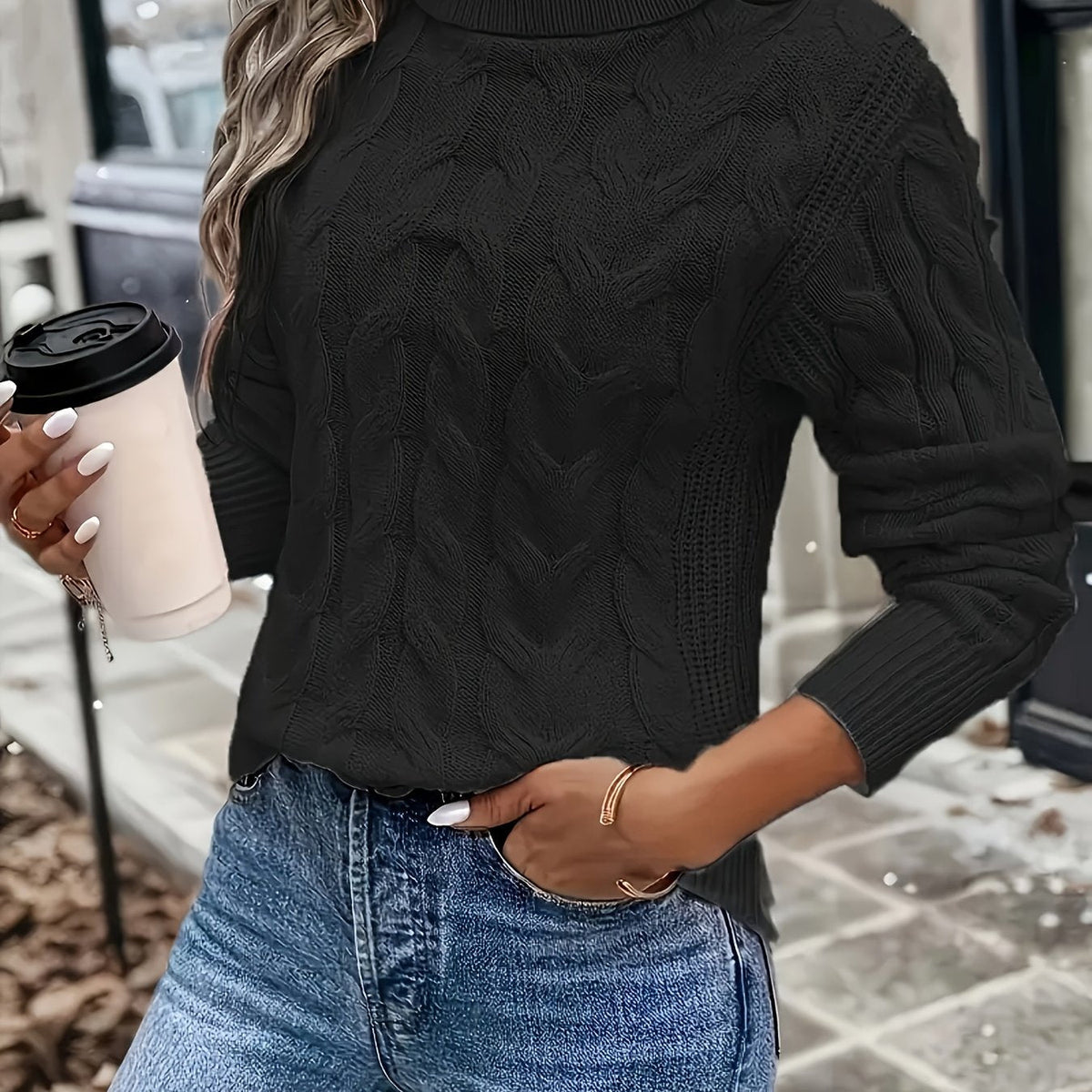Women's Everyday Turtleneck Pullover with Twisted Cable Knit - Black