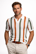 Men's Knit Polo Shirt Vertical Stripe Open Collar Top