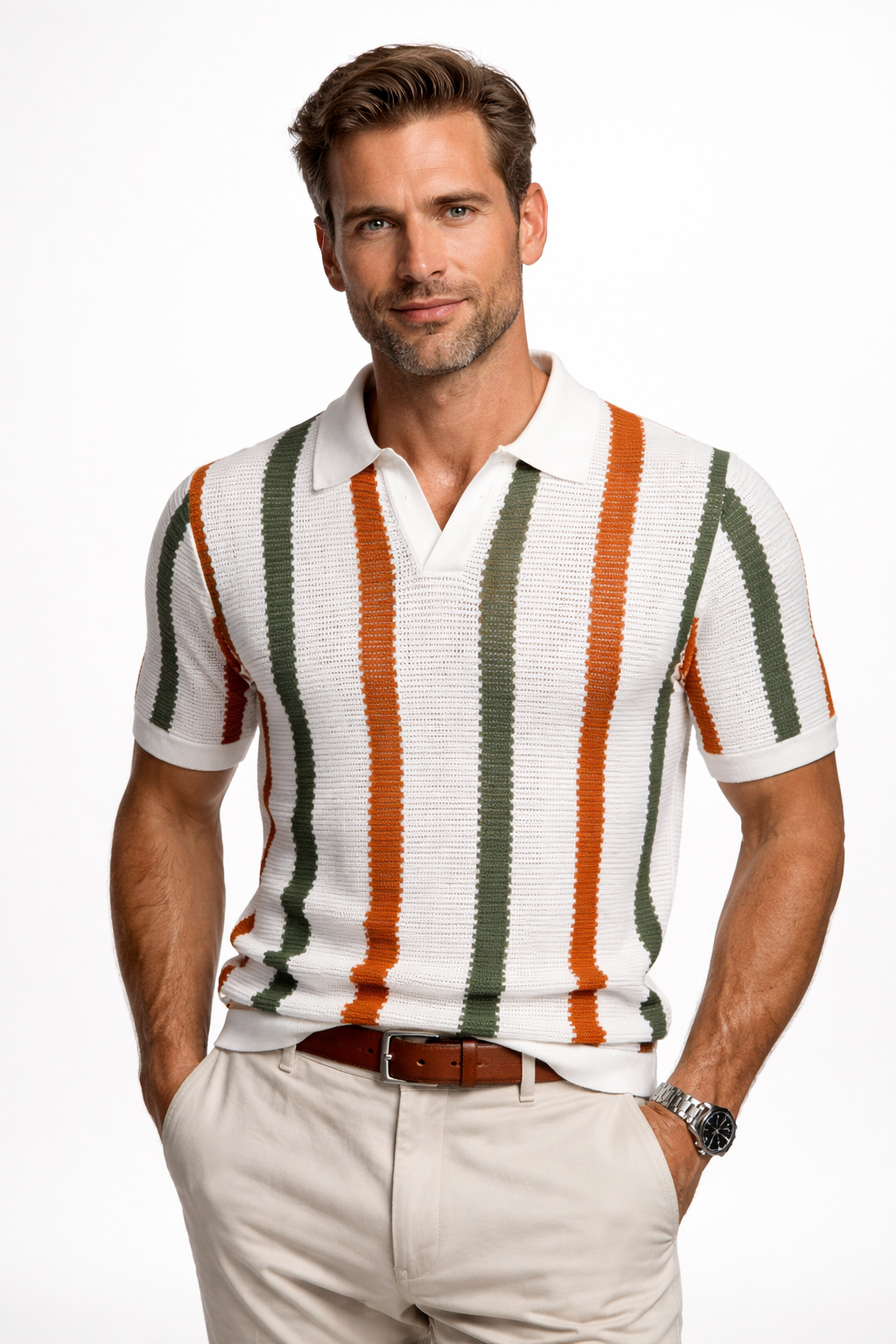Men's Knit Polo Shirt Vertical Stripe Open Collar Top