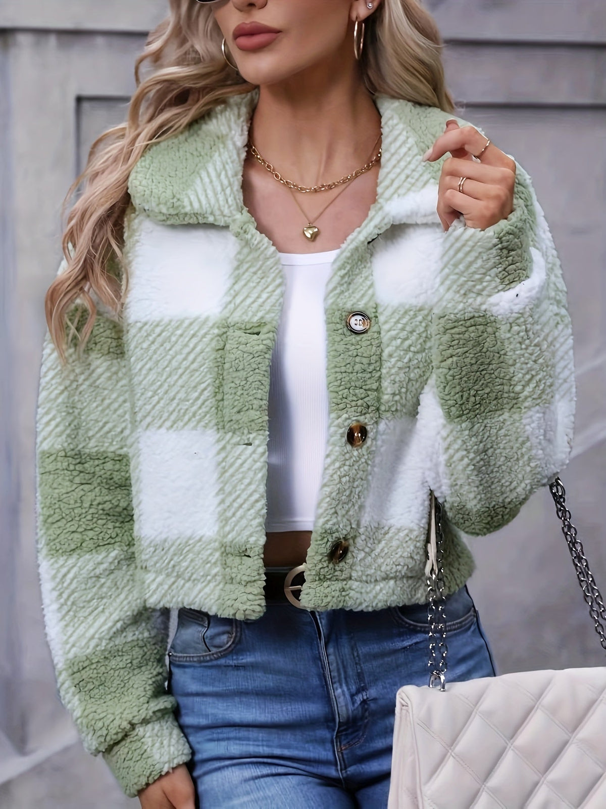 Women's Cropped Plaid Jacket with Relaxed Collar