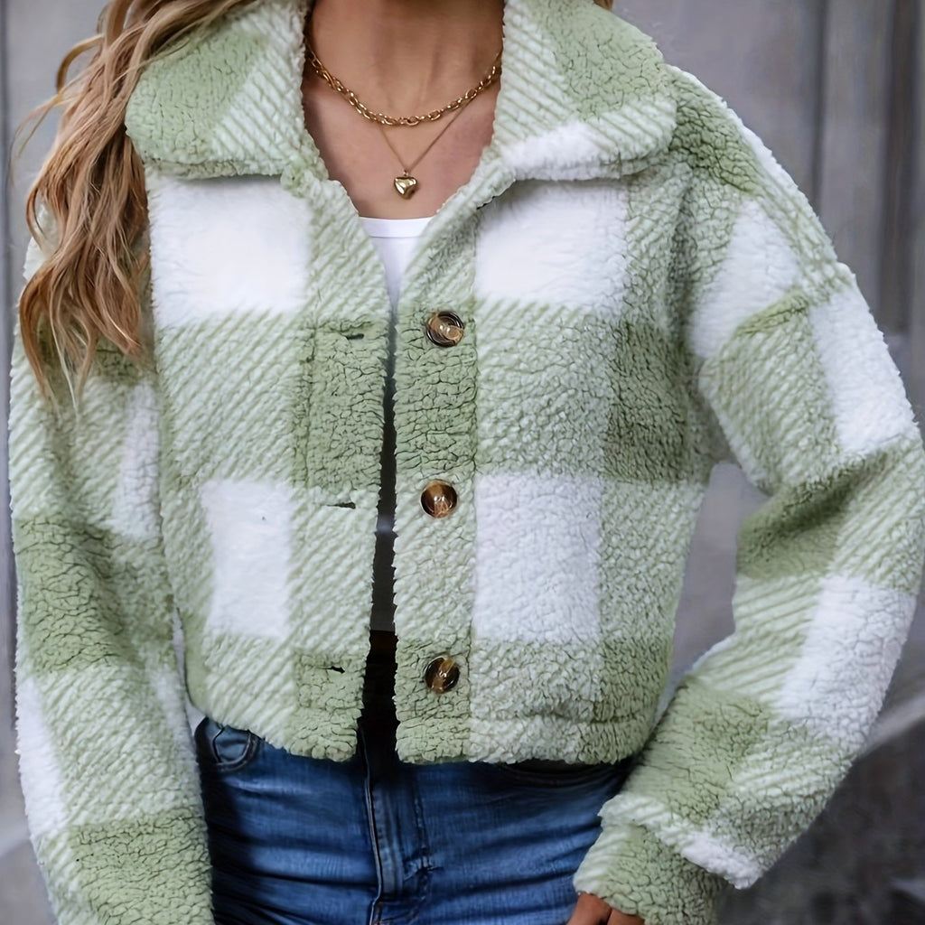 Women's Cropped Plaid Jacket with Relaxed Collar - Light Green